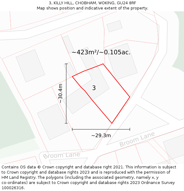 3, KILLY HILL, CHOBHAM, WOKING, GU24 8RF: Plot and title map