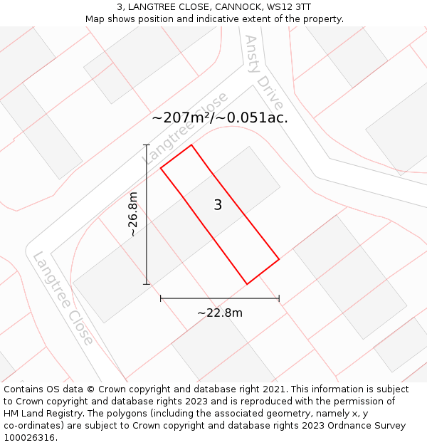 3, LANGTREE CLOSE, CANNOCK, WS12 3TT: Plot and title map