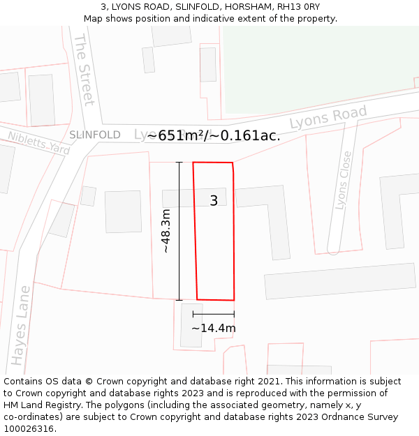 3, LYONS ROAD, SLINFOLD, HORSHAM, RH13 0RY: Plot and title map
