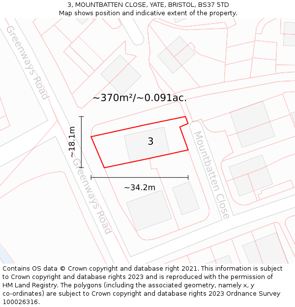 3, MOUNTBATTEN CLOSE, YATE, BRISTOL, BS37 5TD: Plot and title map