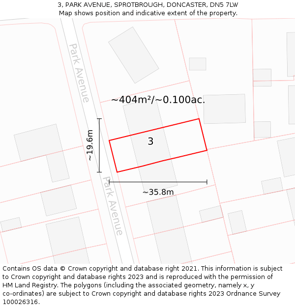 3, PARK AVENUE, SPROTBROUGH, DONCASTER, DN5 7LW: Plot and title map