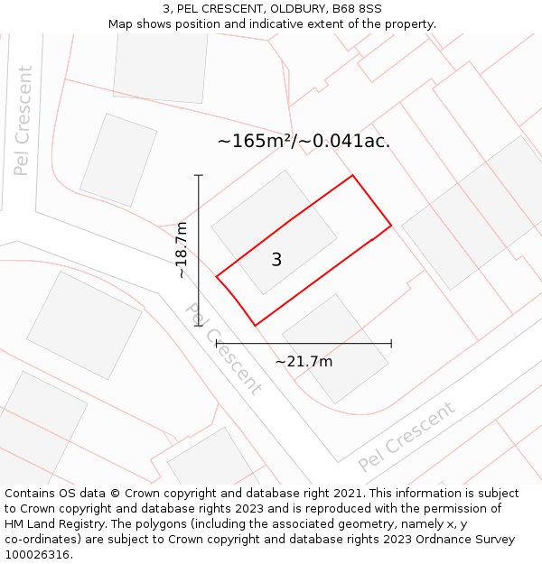 3, PEL CRESCENT, OLDBURY, B68 8SS: Plot and title map