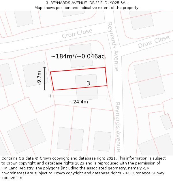 3, REYNARDS AVENUE, DRIFFIELD, YO25 5AL: Plot and title map