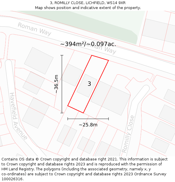 3, ROMILLY CLOSE, LICHFIELD, WS14 9XR: Plot and title map