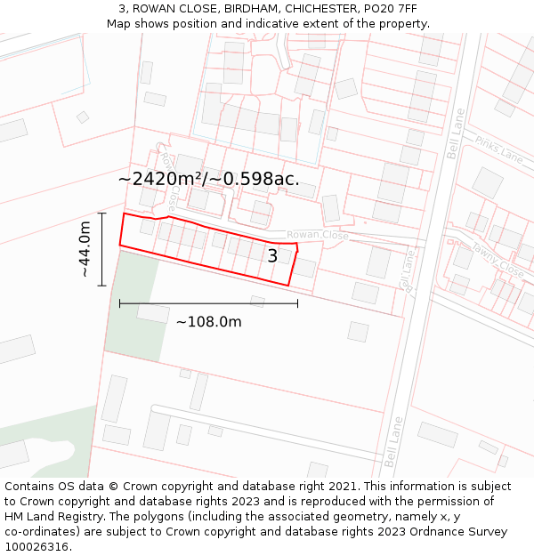 3, ROWAN CLOSE, BIRDHAM, CHICHESTER, PO20 7FF: Plot and title map