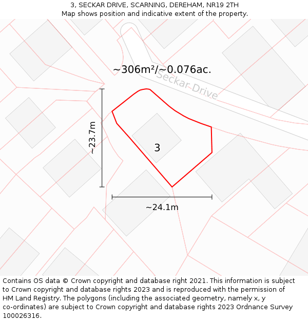 3, SECKAR DRIVE, SCARNING, DEREHAM, NR19 2TH: Plot and title map