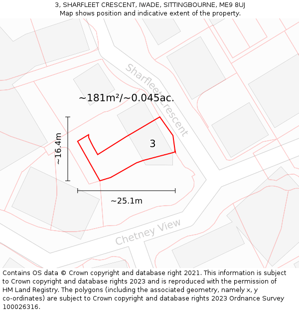 3, SHARFLEET CRESCENT, IWADE, SITTINGBOURNE, ME9 8UJ: Plot and title map