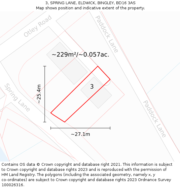 3, SPRING LANE, ELDWICK, BINGLEY, BD16 3AS: Plot and title map