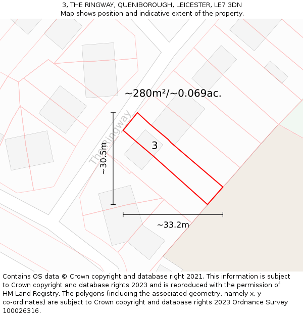 3, THE RINGWAY, QUENIBOROUGH, LEICESTER, LE7 3DN: Plot and title map