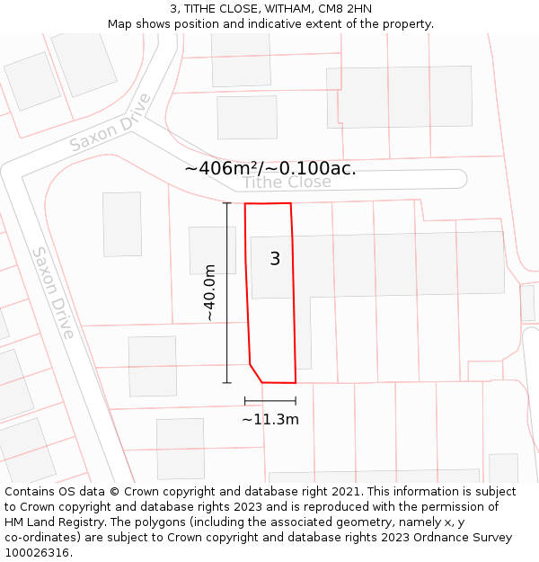 3, TITHE CLOSE, WITHAM, CM8 2HN: Plot and title map