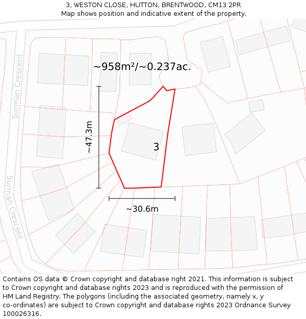 3, WESTON CLOSE, HUTTON, BRENTWOOD, CM13 2PR: Plot and title map