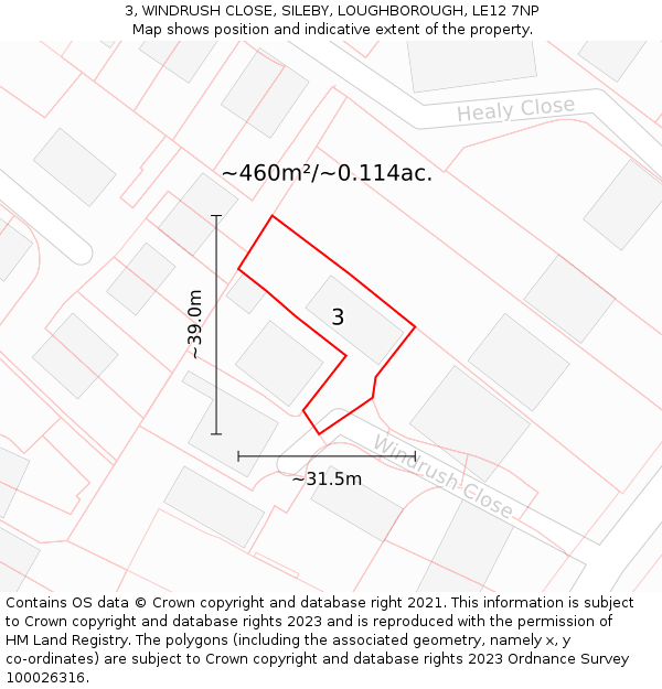 3, WINDRUSH CLOSE, SILEBY, LOUGHBOROUGH, LE12 7NP: Plot and title map