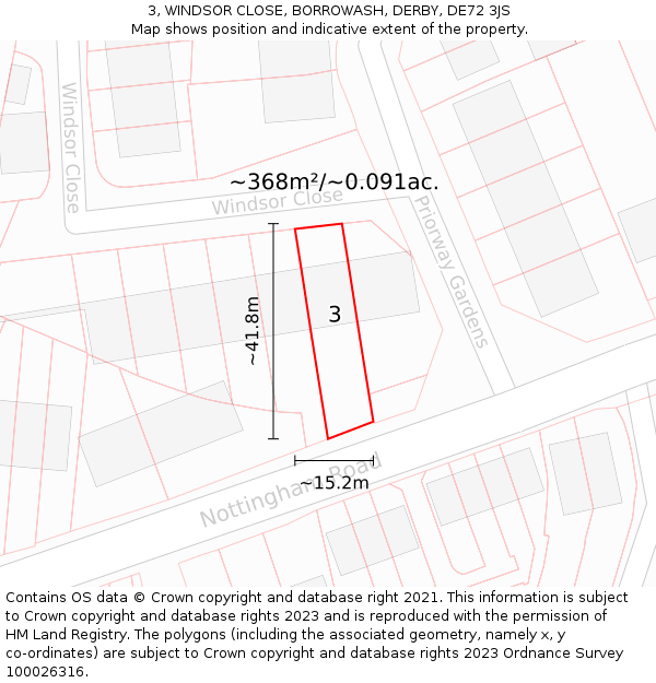 3, WINDSOR CLOSE, BORROWASH, DERBY, DE72 3JS: Plot and title map