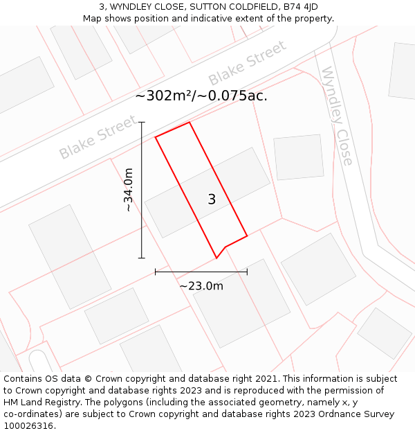 3, WYNDLEY CLOSE, SUTTON COLDFIELD, B74 4JD: Plot and title map