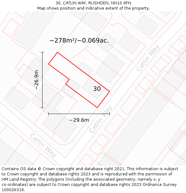30, CATLIN WAY, RUSHDEN, NN10 9FN: Plot and title map