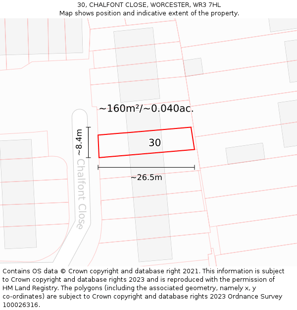 30, CHALFONT CLOSE, WORCESTER, WR3 7HL: Plot and title map