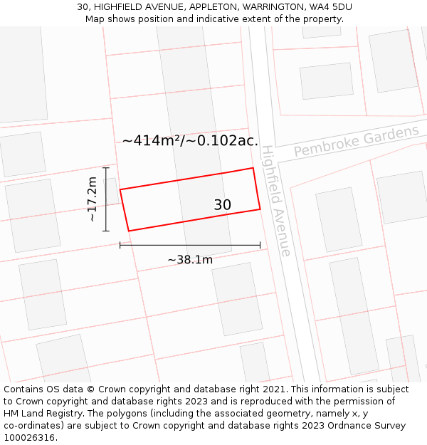 30, HIGHFIELD AVENUE, APPLETON, WARRINGTON, WA4 5DU: Plot and title map