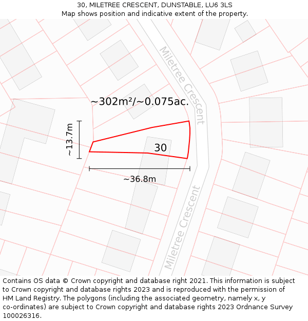 30, MILETREE CRESCENT, DUNSTABLE, LU6 3LS: Plot and title map