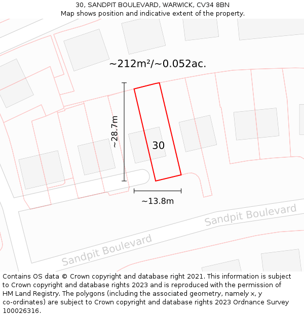 30, SANDPIT BOULEVARD, WARWICK, CV34 8BN: Plot and title map