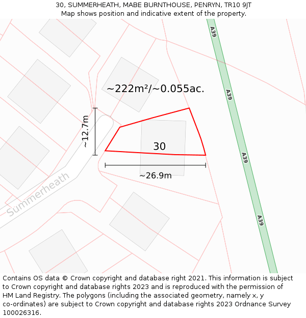 30, SUMMERHEATH, MABE BURNTHOUSE, PENRYN, TR10 9JT: Plot and title map