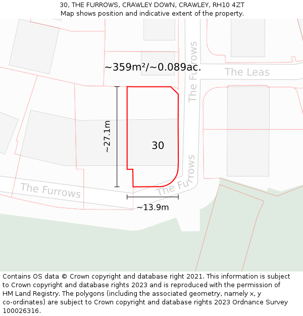 30, THE FURROWS, CRAWLEY DOWN, CRAWLEY, RH10 4ZT: Plot and title map