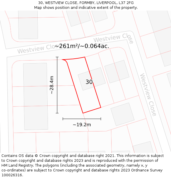30, WESTVIEW CLOSE, FORMBY, LIVERPOOL, L37 2FG: Plot and title map