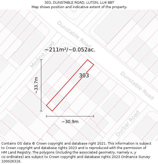 303, DUNSTABLE ROAD, LUTON, LU4 8BT: Plot and title map