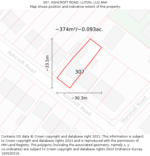 307, ASHCROFT ROAD, LUTON, LU2 9AA: Plot and title map