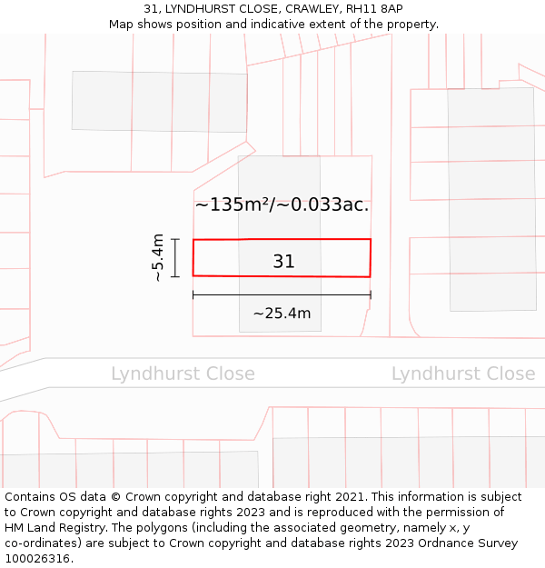 31, LYNDHURST CLOSE, CRAWLEY, RH11 8AP: Plot and title map