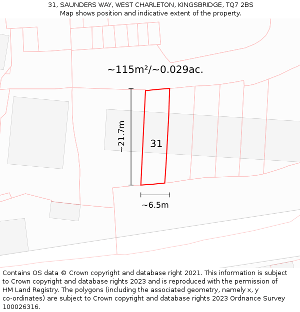 31, SAUNDERS WAY, WEST CHARLETON, KINGSBRIDGE, TQ7 2BS: Plot and title map