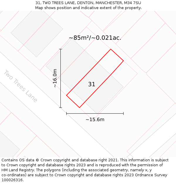 31, TWO TREES LANE, DENTON, MANCHESTER, M34 7SU: Plot and title map