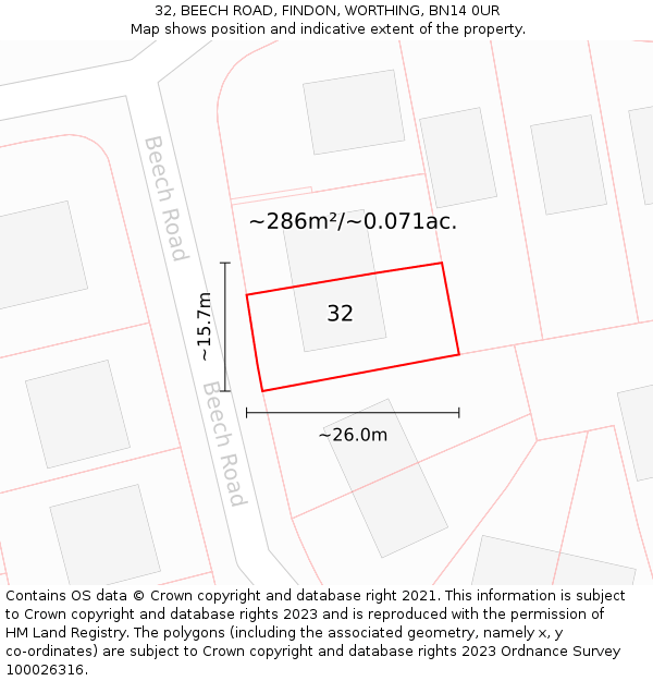 32, BEECH ROAD, FINDON, WORTHING, BN14 0UR: Plot and title map