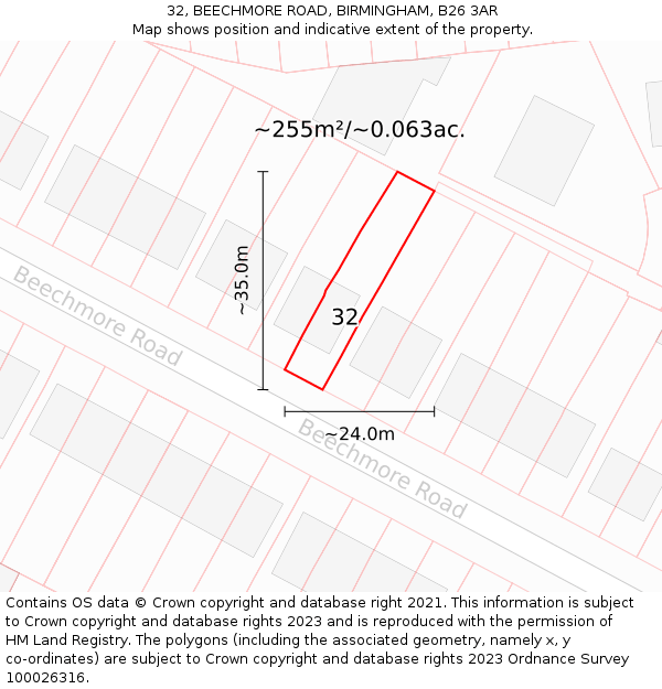 32, BEECHMORE ROAD, BIRMINGHAM, B26 3AR: Plot and title map