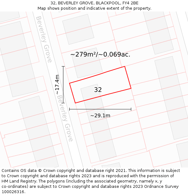 32, BEVERLEY GROVE, BLACKPOOL, FY4 2BE: Plot and title map