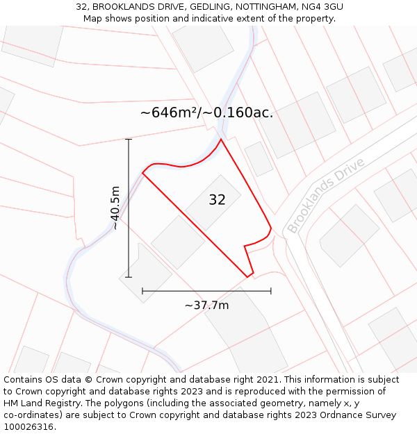 32, BROOKLANDS DRIVE, GEDLING, NOTTINGHAM, NG4 3GU: Plot and title map
