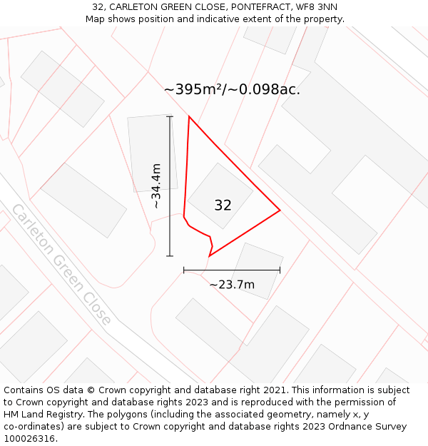 32, CARLETON GREEN CLOSE, PONTEFRACT, WF8 3NN: Plot and title map