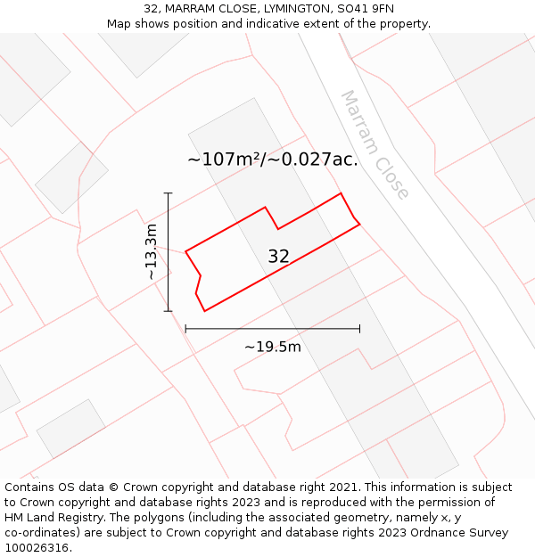 32, MARRAM CLOSE, LYMINGTON, SO41 9FN: Plot and title map
