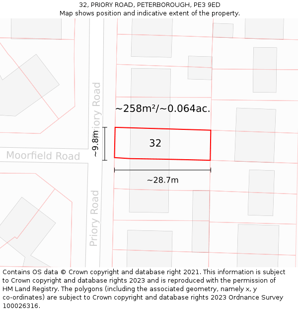 32, PRIORY ROAD, PETERBOROUGH, PE3 9ED: Plot and title map