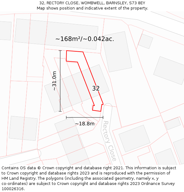 32, RECTORY CLOSE, WOMBWELL, BARNSLEY, S73 8EY: Plot and title map
