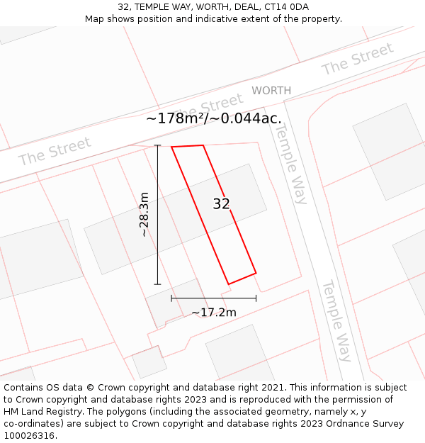 32, TEMPLE WAY, WORTH, DEAL, CT14 0DA: Plot and title map