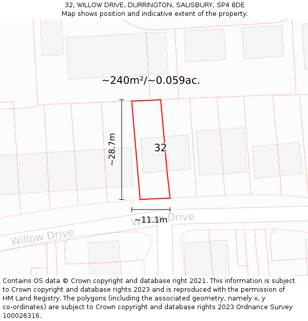 32, WILLOW DRIVE, DURRINGTON, SALISBURY, SP4 8DE: Plot and title map
