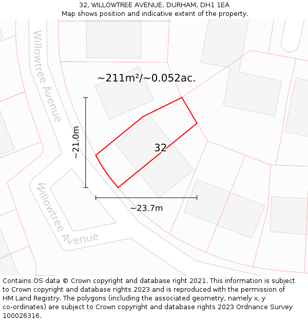 32, WILLOWTREE AVENUE, DURHAM, DH1 1EA: Plot and title map