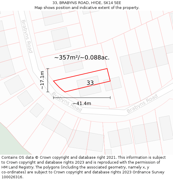 33, BRABYNS ROAD, HYDE, SK14 5EE: Plot and title map