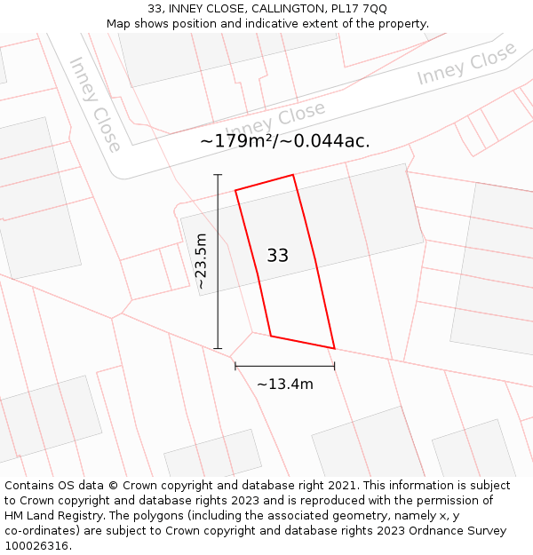 33, INNEY CLOSE, CALLINGTON, PL17 7QQ: Plot and title map