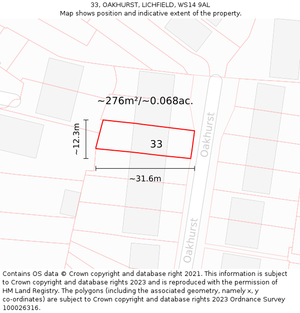 33, OAKHURST, LICHFIELD, WS14 9AL: Plot and title map