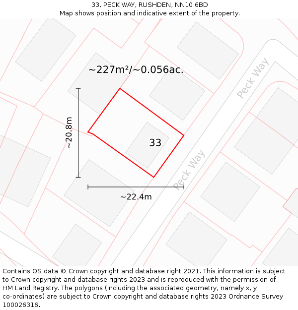 33, PECK WAY, RUSHDEN, NN10 6BD: Plot and title map
