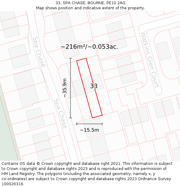 33, SPA CHASE, BOURNE, PE10 2AG: Plot and title map