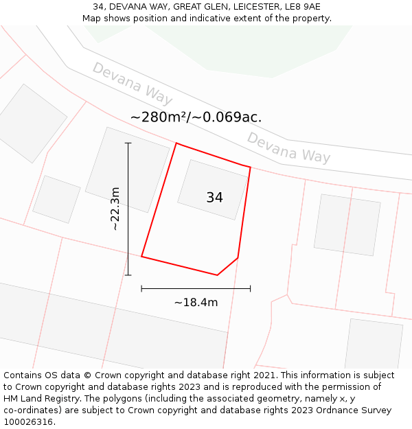 34, DEVANA WAY, GREAT GLEN, LEICESTER, LE8 9AE: Plot and title map