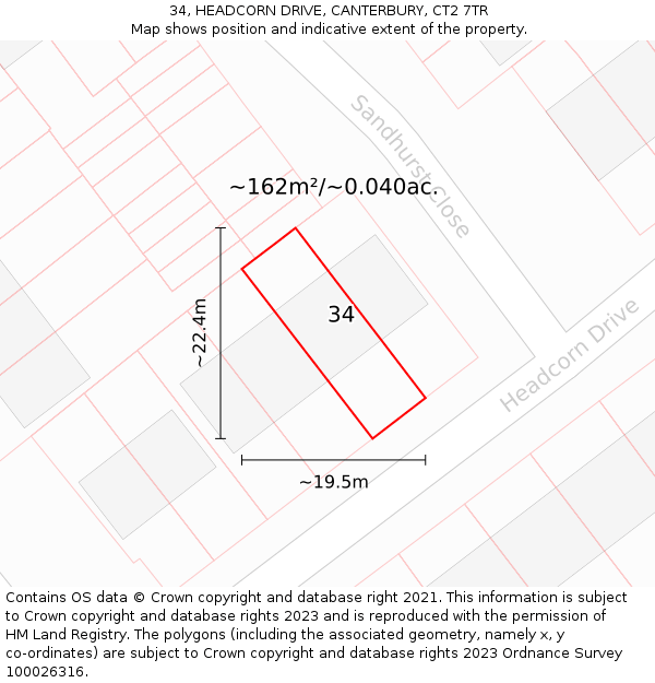 34, HEADCORN DRIVE, CANTERBURY, CT2 7TR: Plot and title map