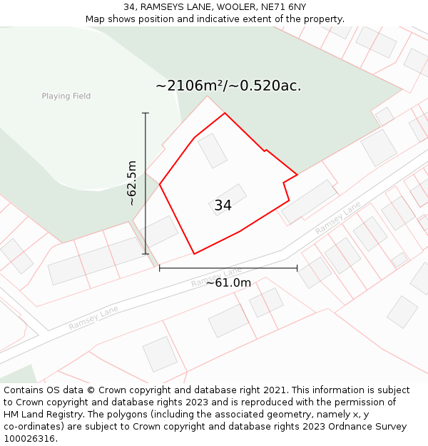 34, RAMSEYS LANE, WOOLER, NE71 6NY: Plot and title map